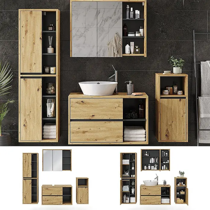 Vicco Badmöbel-Set Viola Artisan-Eiche 4 Teile - Gesamtbreite Badmöbel: 187,8 cm, Artisan-Eiche, Matt - Modernes Badmöbel-Set aus hellem Holz und Dunkelgrau, mit Hochschrank, Waschtisch mit Waschbecken, Spiegelschrank und Beistellschrank.