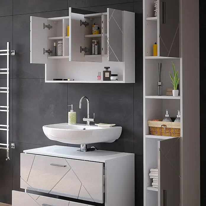 Vicco Badmöbel-Set Irma Weiß Hochglanz 3 Teile, mit Spiegelschrank 80 cm - Gesamtbreite Badmöbel: 80 cm, Weiß Hochglanz, Glänzend - Moderne weiße Badmöbelgarnitur mit wandmontiertem Waschtisch, Waschbecken, Spiegelschrank und Hochschrank in einem modernen Badezimmer.