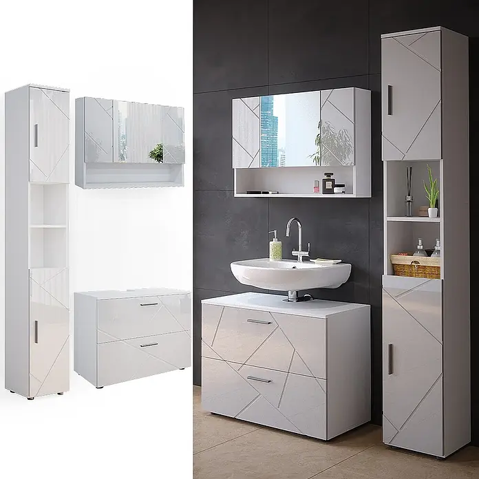 Vicco Badmöbel-Set Irma Weiß Hochglanz 3 Teile, mit Spiegelschrank 80 cm - Gesamtbreite Badmöbel: 80 cm, Weiß Hochglanz, Glänzend - Moderne weiße Hochglanz-Badmöbel mit geometrischem Relief: Hochschrank, Waschtischunterschrank und Spiegelschrank.
