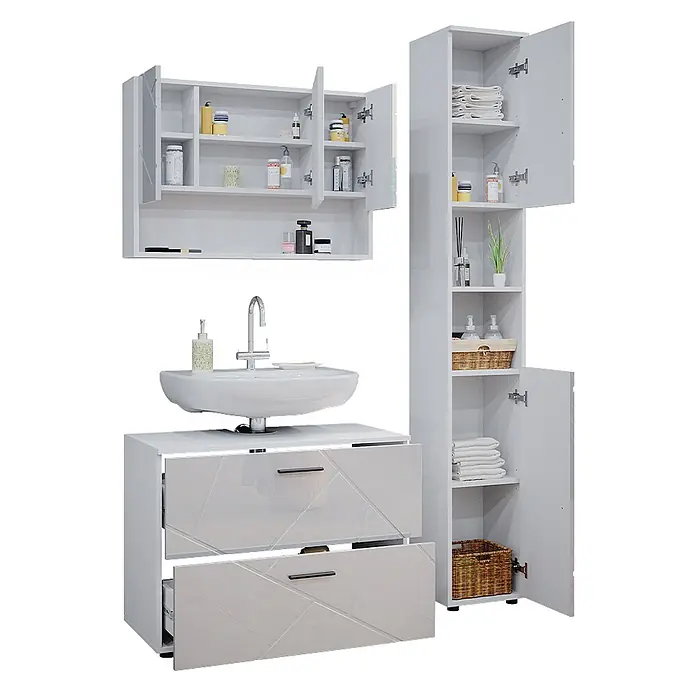 Vicco Badmöbel-Set Irma Weiß Hochglanz 3 Teile, mit Spiegelschrank 80 cm - Gesamtbreite Badmöbel: 80 cm, Weiß Hochglanz, Glänzend - Weißes Badmöbel-Set mit Hängeschrank, Waschtisch mit Schubladen und hohem Schrank, alle geöffnet, um den Innenraum zu zeigen.