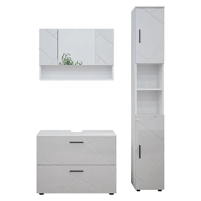 Vicco Badmöbel-Set Irma Weiß Hochglanz 3 Teile, mit Spiegelschrank 80 cm - Gesamtbreite Badmöbel: 80 cm, Weiß Hochglanz, Glänzend - Modernes hellgraues Badmöbel-Set mit geometrischem Muster und schwarzen Griffen: Spiegelschrank, Waschtischunterschrank und Hochschrank.