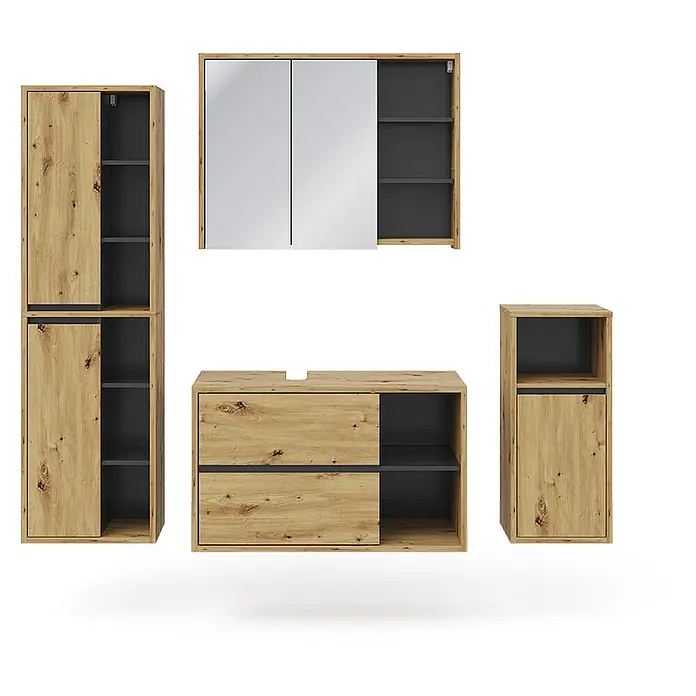 Vicco Badmöbel-Set Viola Artisan-Eiche 4 Teile - Gesamtbreite Badmöbel: 187,8 cm, Artisan-Eiche, Matt - Modernes Badmöbel-Set aus hellem Holz und Dunkelgrau mit Schränken, Spiegel und Waschtischunterschrank.