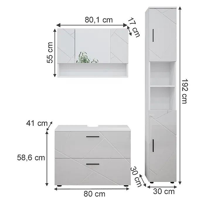 Vicco Badmöbel-Set Irma Weiß Hochglanz 3 Teile, mit Spiegelschrank 80 cm - Gesamtbreite Badmöbel: 80 cm, Weiß Hochglanz, Glänzend - Weißes Badmöbelset mit geometrischem Muster, bestehend aus Spiegelschrank, Waschtischunterschrank und Hochschrank.