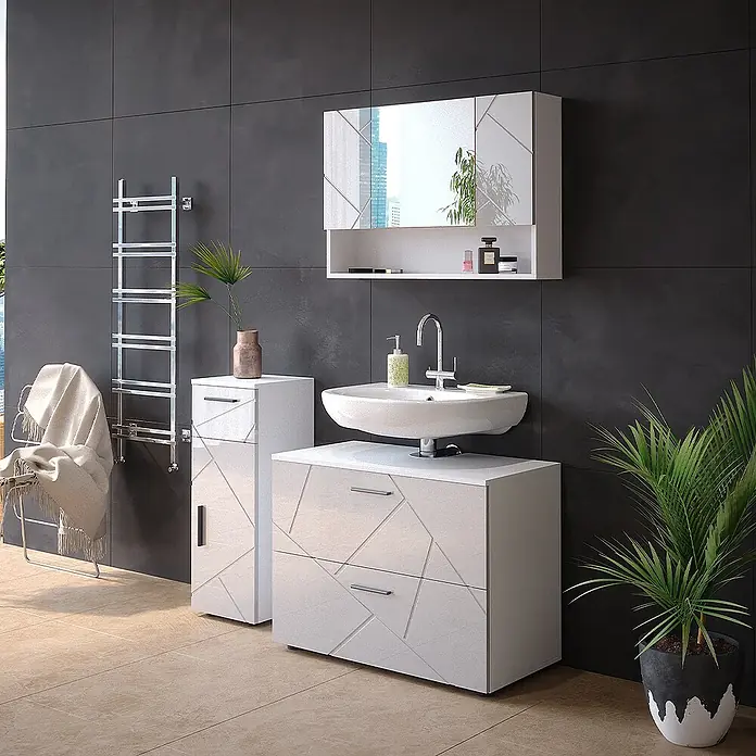 Vicco Badmöbel-Set Irma Weiß Hochglanz 3 Teile, mit Schubladenschrank und Midischrank - Weiß Hochglanz, Glänzend - Moderne weiße Badmöbel mit geometrischem Muster, Waschtischunterschrank, Hochschrank, Waschbecken und Spiegelschrank, in einem stilvollen Badambiente.