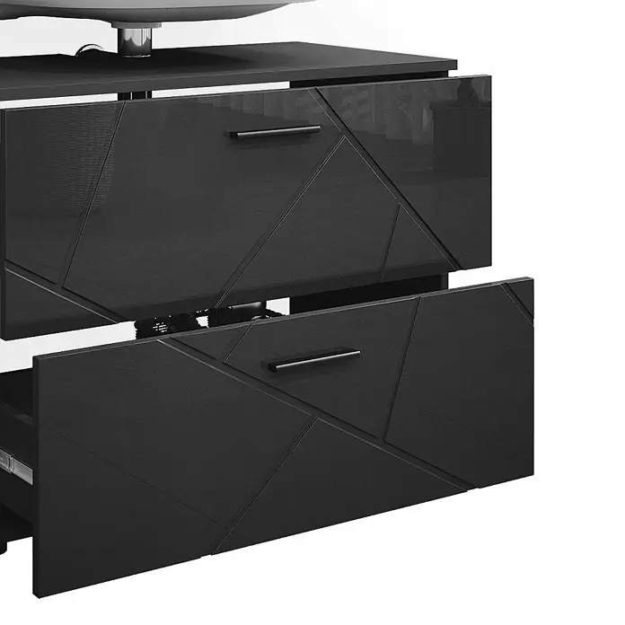 Vicco Badmöbel-Set Irma Anthrazit Hochglanz 2 Teile, Unterschrank 80 cm - Gesamtbreite Badmöbel: 80 cm, Anthrazit Hochglanz, Glänzend - Dunkelgraue Konsole mit geometrisch gemusterten, teilweise geöffneten Schubladen.