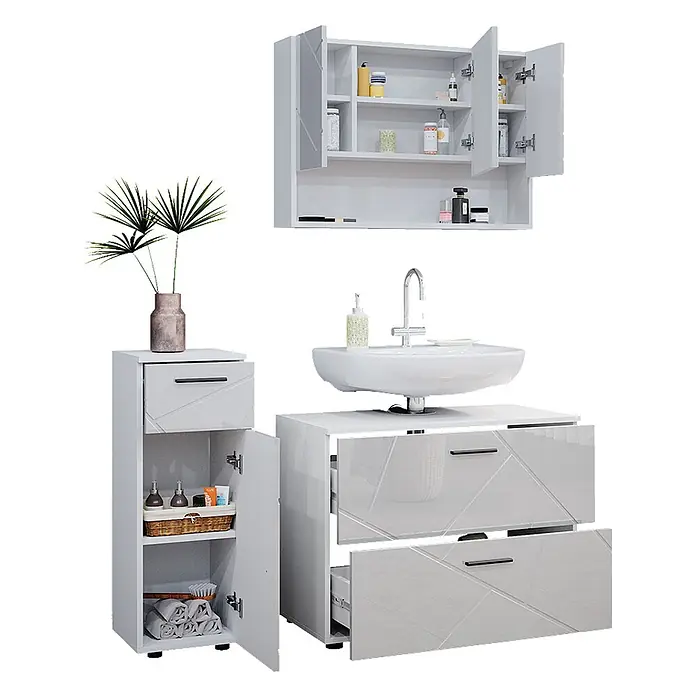 Vicco Badmöbel-Set Irma Weiß Hochglanz 3 Teile, mit Schubladenschrank und Midischrank - Weiß Hochglanz, Glänzend - Weißes Hochglanz-Badmöbelset: Wandschrank, Waschtischunterschrank und Beistellschrank mit geometrischem Muster für moderne Aufbewahrung.