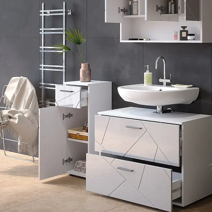 Vicco Badmöbel-Set Irma Weiß Hochglanz 3 Teile, mit Schubladenschrank und Midischrank - Weiß Hochglanz, Glänzend - Modernes weißes Badmöbelset mit Waschbecken, Schubladen mit geometrischem Muster und passendem Hochschrank.