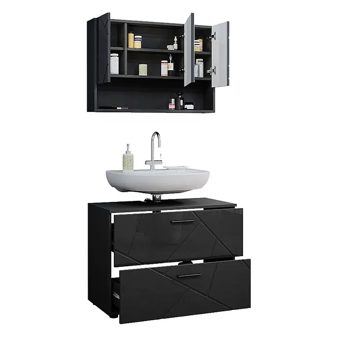 Vicco Badmöbel-Set Irma Anthrazit Hochglanz 2 Teile, Unterschrank 80 cm - Gesamtbreite Badmöbel: 80 cm, Anthrazit Hochglanz, Glänzend - Schwarzer Badschrank mit weißem Aufsatzwaschbecken und passendem Spiegelschrank. Beide mit geometrischem Muster und offenem Stauraum.