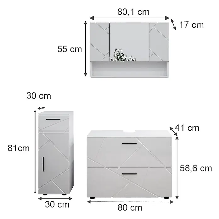 Vicco Badmöbel-Set Irma Weiß Hochglanz 3 Teile, mit Schubladenschrank und Midischrank - Weiß Hochglanz, Glänzend - Weißes Badmöbel-Set mit geometrischem Muster, bestehend aus Spiegelschrank, Hochschrank und Waschtischunterschrank.