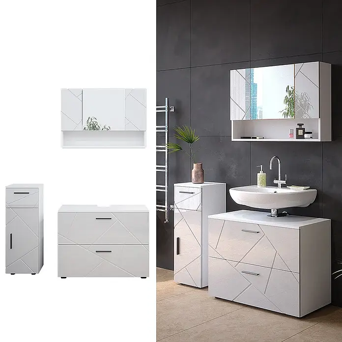 Vicco Badmöbel-Set Irma Weiß Hochglanz 3 Teile, mit Schubladenschrank und Midischrank - Weiß Hochglanz, Glänzend - Weißes Badmöbel-Set mit geometrischem Muster: Spiegelschrank, Hochschrank und Waschtischunterschrank für moderne Bäder.