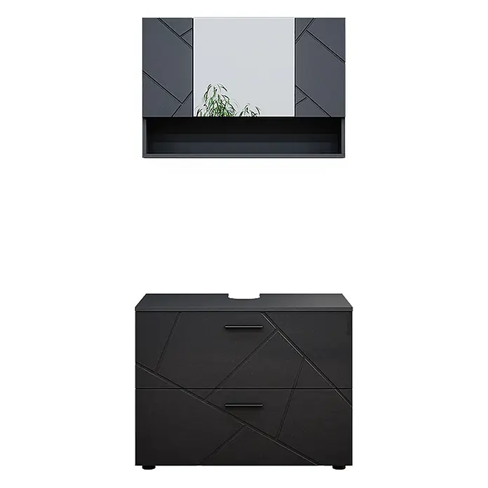 Vicco Badmöbel-Set Irma Anthrazit Hochglanz 2 Teile, Unterschrank 80 cm - Gesamtbreite Badmöbel: 80 cm, Anthrazit Hochglanz, Glänzend - Anthrazitfarbener Badunterschrank mit zwei Schubladen und passendem Spiegelschrank mit Spiegel und Regal, beide mit geometrischem Muster.