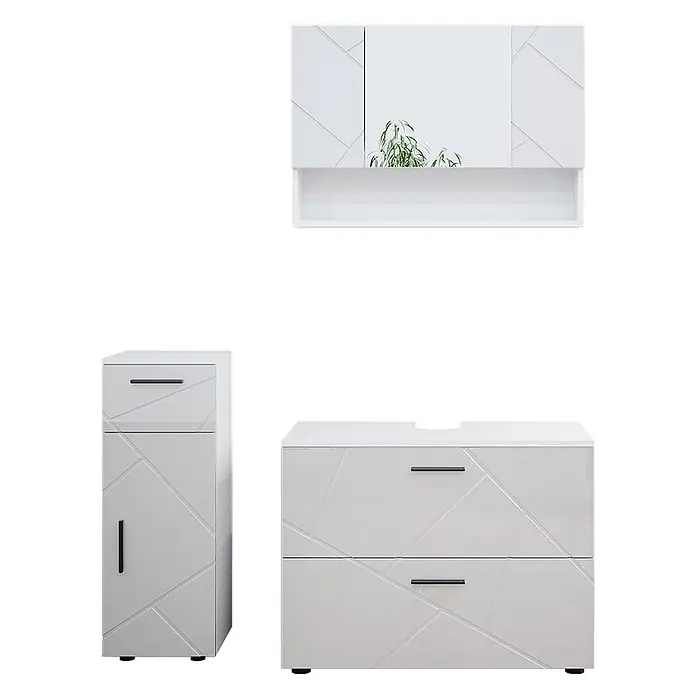 Vicco Badmöbel-Set Irma Weiß Hochglanz 3 Teile, mit Schubladenschrank und Midischrank - Weiß Hochglanz, Glänzend - Weißes Badezimmermöbelset mit geometrischen Mustern: Spiegelschrank, Hochschrank und Waschtischunterschrank mit Schubladen.
