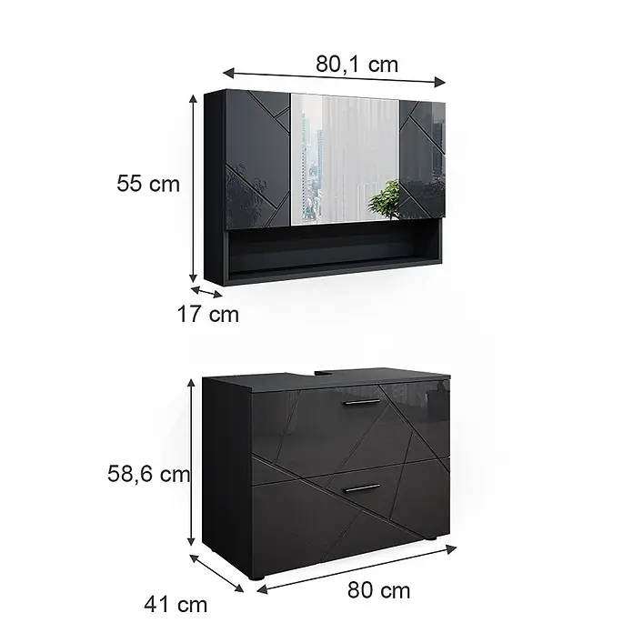 Vicco Badmöbel-Set Irma Anthrazit Hochglanz 2 Teile, Unterschrank 80 cm - Gesamtbreite Badmöbel: 80 cm, Anthrazit Hochglanz, Glänzend - Dunkelgraues Hochglanz-Badmöbel-Set mit geometrischem Muster. Es umfasst einen Spiegelschrank mit Ablage und einen Waschtischunterschrank mit Schubladen.