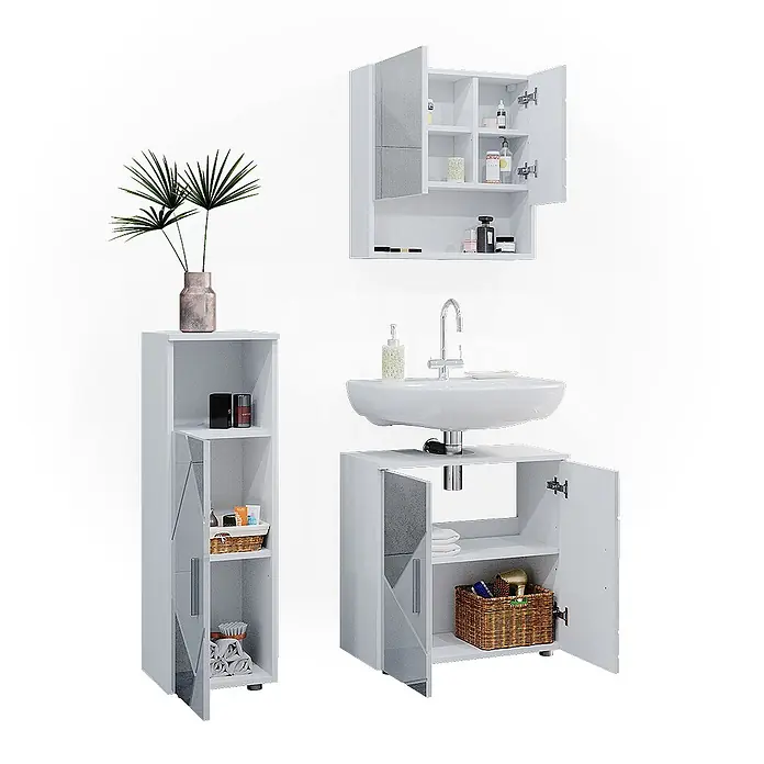 Vicco Badmöbel-Set Irma Weiß Hochglanz mit Einsätzen 3 Teile - Gesamtbreite Badmöbel: 90 cm, Weiß Hochglanz mit Einsätzen, Matt - Weißes Badmöbel-Set: Wandschrank mit Spiegel, Waschbeckenunterschrank und Hochschrank.