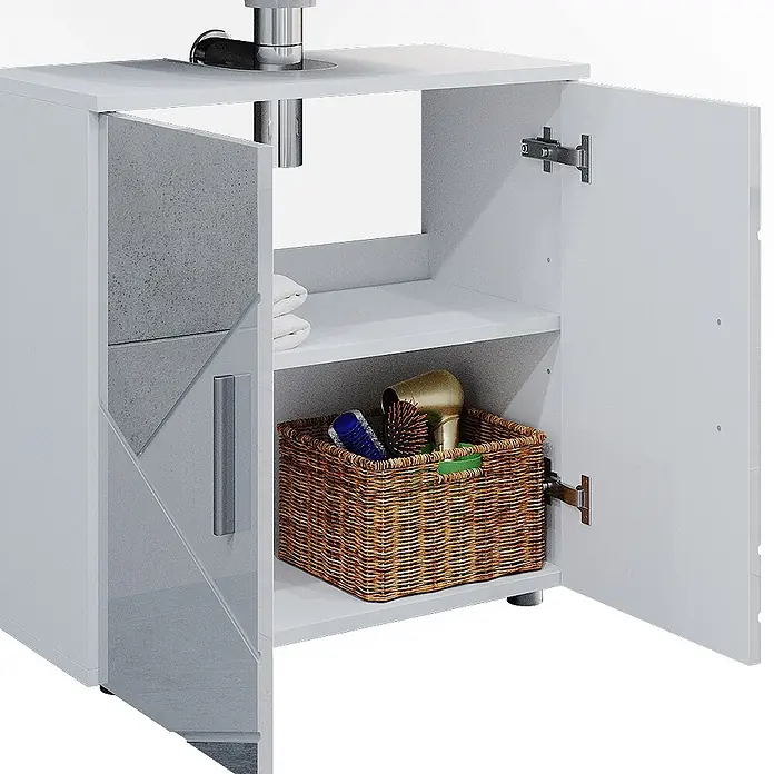 Vicco Badmöbel-Set Irma Weiß Hochglanz mit Einsätzen 3 Teile - Gesamtbreite Badmöbel: 90 cm, Weiß Hochglanz mit Einsätzen, Matt - Weißer Waschtischunterschrank mit zwei Türen, eine offen zu Regal und Korb. Hochglanz-Oberfläche, graue Akzentplatte.