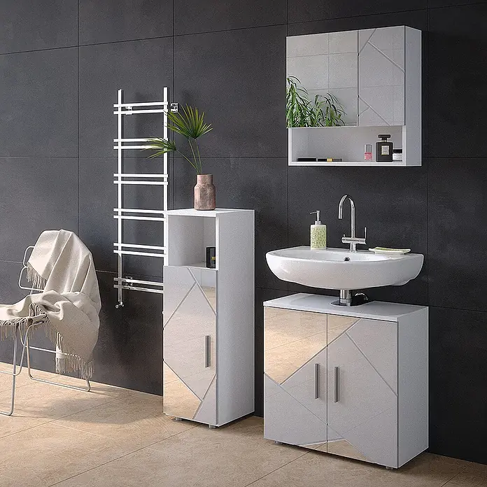 Vicco Badmöbel-Set Irma Weiß Hochglanz mit Einsätzen 3 Teile - Gesamtbreite Badmöbel: 90 cm, Weiß Hochglanz mit Einsätzen, Matt - Modernes weißes Badmöbel-Set mit geometrischen Spiegelelementen, bestehend aus Waschtischunterschrank, Hochschrank und Spiegelschrank.