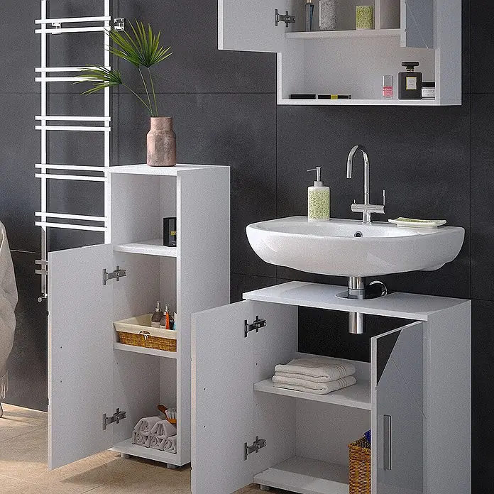 Vicco Badmöbel-Set Irma Weiß Hochglanz mit Einsätzen 3 Teile - Gesamtbreite Badmöbel: 90 cm, Weiß Hochglanz mit Einsätzen, Matt - Weißer Badezimmerwaschtisch mit Waschbecken und passendem Hochschrank. Zeigt Toilettenartikel und gefaltete Handtücher.