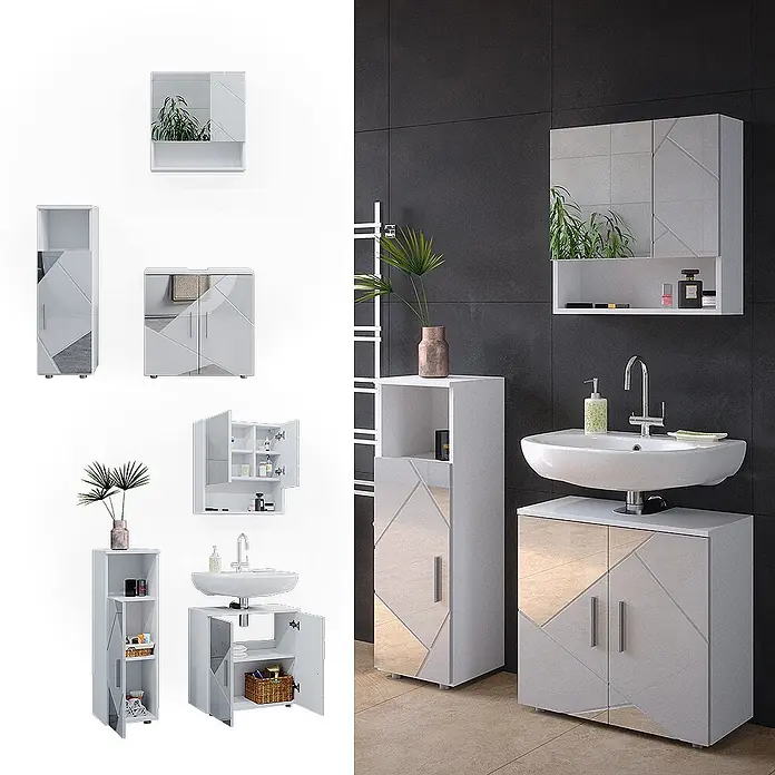 Vicco Badmöbel-Set Irma Weiß Hochglanz mit Einsätzen 3 Teile - Gesamtbreite Badmöbel: 90 cm, Weiß Hochglanz mit Einsätzen, Matt - Weißes Badmöbel-Set mit geometrischen Spiegelelementen, inkl. Wand-, Hochschrank und Waschbeckenunterschrank.