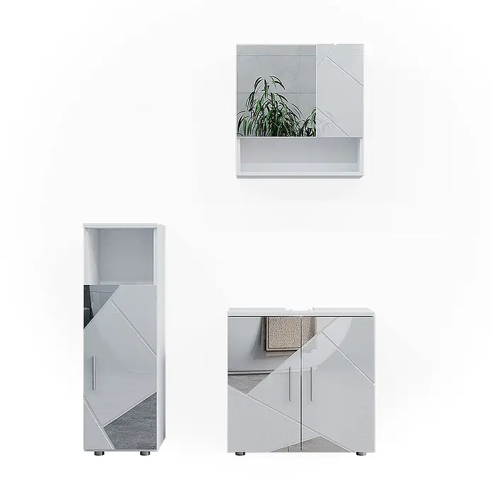 Vicco Badmöbel-Set Irma Weiß Hochglanz mit Einsätzen 3 Teile - Gesamtbreite Badmöbel: 90 cm, Weiß Hochglanz mit Einsätzen, Matt - Weißes Badmöbelset mit geometrisch verspiegelten Akzenten, bestehend aus Hängeschrank, Hochschrank und Unterschrank.