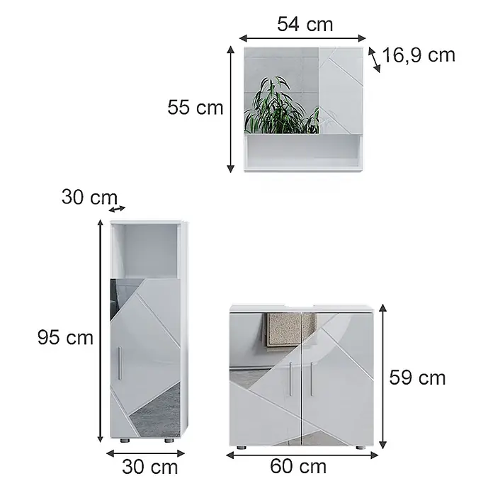 Vicco Badmöbel-Set Irma Weiß Hochglanz mit Einsätzen 3 Teile - Gesamtbreite Badmöbel: 90 cm, Weiß Hochglanz mit Einsätzen, Matt - Dreiteiliges Badmöbelset in Weiß mit geometrisch reflektierenden Fronten und unterschiedlichen Maßen.