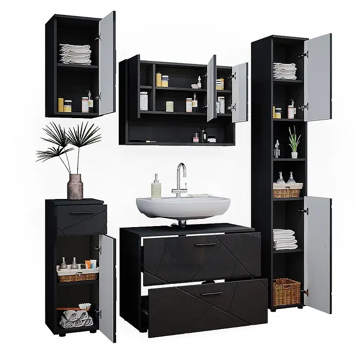 Vicco Badmöbel-Set Irma Anthrazit Hochglanz 5 Teile - Gesamtbreite Badmöbel: 140 cm, Anthrazit Hochglanz, Glänzend - Schwarzes Badezimmermöbel-Set mit weißem Waschbecken, Wand- und Bodenaufbewahrungsschränken, teils mit geometrisch gemusterten Schubladenfronten.