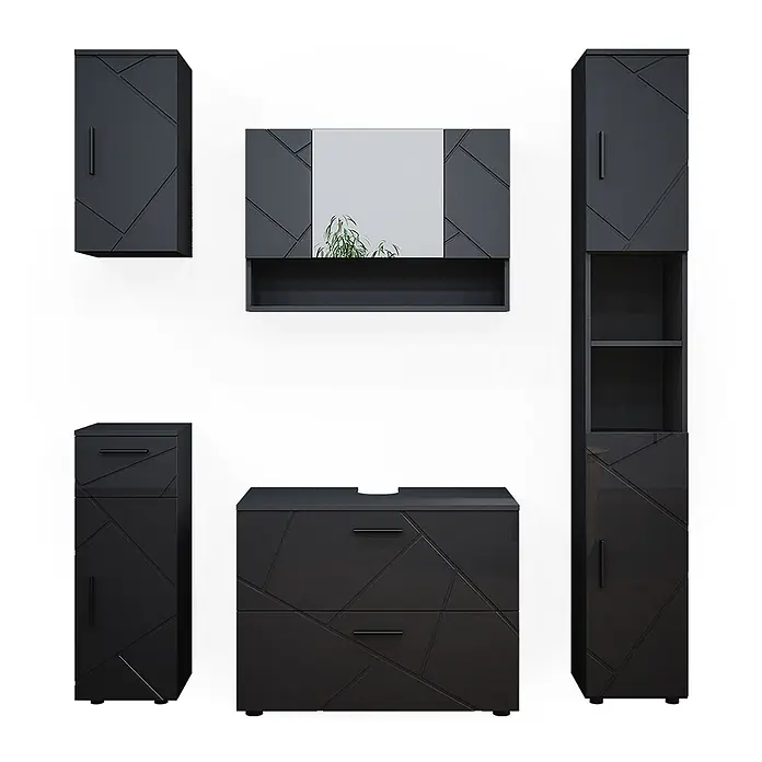 Vicco Badmöbel-Set Irma Anthrazit Hochglanz 5 Teile - Gesamtbreite Badmöbel: 140 cm, Anthrazit Hochglanz, Glänzend - Dunkle, modulare Badmöbel mit geometrischem Muster: Waschtischunterschrank, Spiegelschrank, Hochschränke.