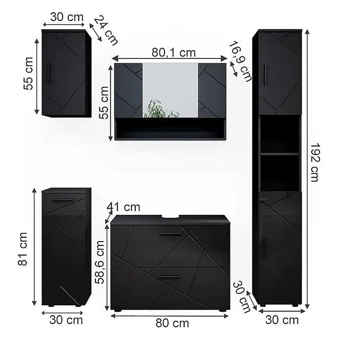 Vicco Badmöbel-Set Irma Anthrazit Hochglanz 5 Teile - Gesamtbreite Badmöbel: 140 cm, Anthrazit Hochglanz, Glänzend - Schwarze Badmöbelgarnitur mit geometrischen Mustern: Wand-, Spiegel-, Hochschrank, Waschbecken- und Schubladenschrank.