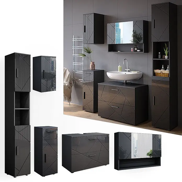 Vicco Badmöbel-Set Irma Anthrazit Hochglanz 5 Teile - Gesamtbreite Badmöbel: 140 cm, Anthrazit Hochglanz, Glänzend - Dunkelgraues Badmöbel-Set mit geometrischem Muster.