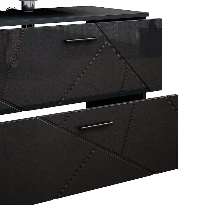 Vicco Badmöbel-Set Irma Anthrazit Hochglanz 5 Teile - Gesamtbreite Badmöbel: 140 cm, Anthrazit Hochglanz, Glänzend - Dunkler Hochglanzschrank mit zwei Schubladen und geometrischem Muster.