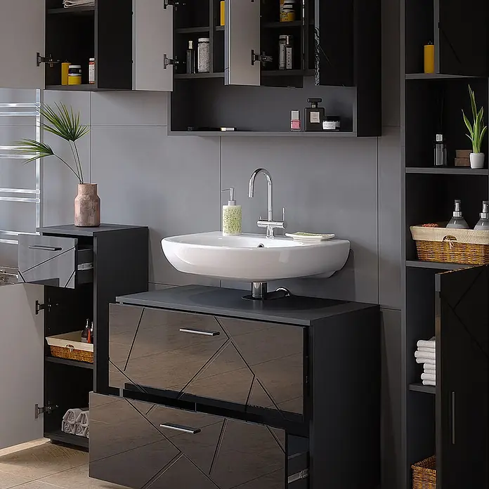 Vicco Badmöbel-Set Irma Anthrazit Hochglanz 5 Teile - Gesamtbreite Badmöbel: 140 cm, Anthrazit Hochglanz, Glänzend - Moderner dunkelgrauer Badschrank mit geometrisch gemusterten Schubladen und weißem Waschbecken.