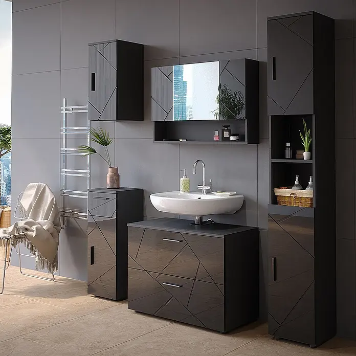 Vicco Badmöbel-Set Irma Anthrazit Hochglanz 5 Teile - Gesamtbreite Badmöbel: 140 cm, Anthrazit Hochglanz, Glänzend - Modernes dunkelgraues Badmöbel-Set mit geometrischem Muster, bestehend aus Waschtischunterschrank und verschiedenen Schränken.