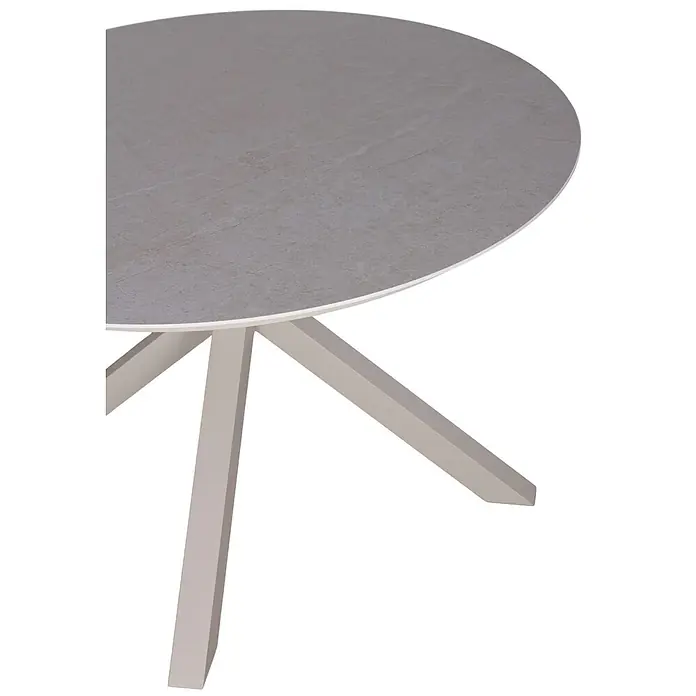 Bene Living Gartentisch Malaga - L x B x H: 120 x 120 x 76 cm, Ø x H: 120 x 76 cm, Gestell Aluminium, gesinterte Tischplatte (Keramik), Rund, beige - Runder Tisch mit grauer Steinoptik-Tischplatte und ausgestellten hellgrauen Beinen.