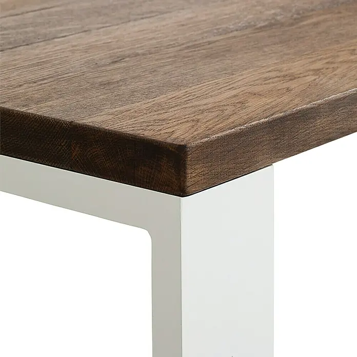 Noblewood Pur Iternal Tischbein - 550 x 60 x 402 mm, Weiß, 2 Stk. - Detailaufnahme einer modernen Tischplatte aus Holz mit einem eleganten, weißen Metallbein, das die hochwertige Verarbeitung betont.