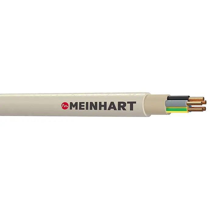 Mantelleitung NYM-J 5x1,5 mm² - Anzahl Adern: 5, 1,5 mm², 50 m - Helles MEINHART Elektrokabel, aufgeschnitten um fünf isolierte Adern (schwarz, grau, blau, grün/gelb, braun) und Kupferleiter zu zeigen.