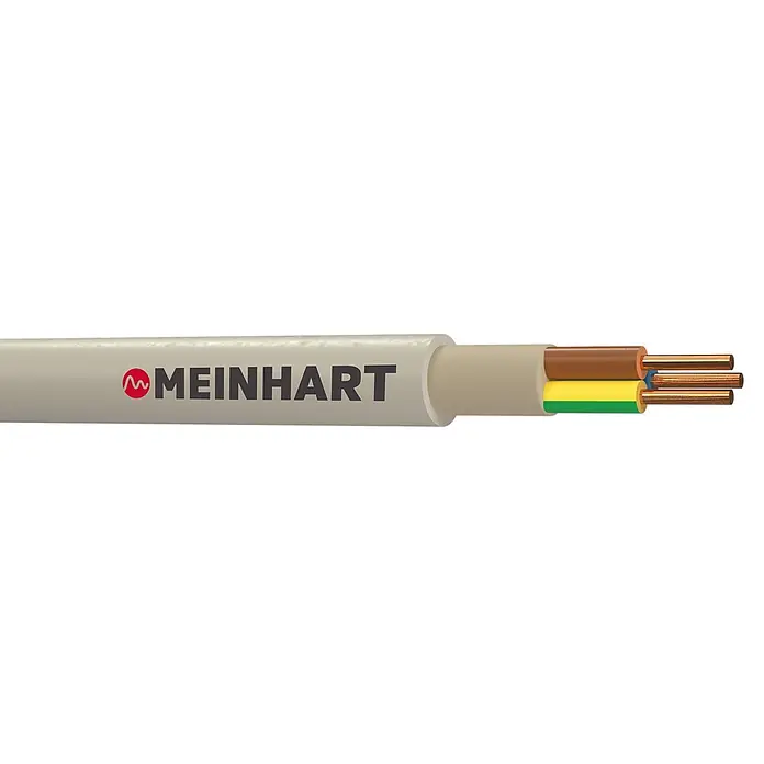 Mantelleitung NYM-J 3x1,5 mm² - Anzahl Adern: 3, 1,5 mm², 50 m - Querschnitt eines hellgrauen MEINHART Elektrokabels mit braunen, blauen und gelb-grünen isolierten Adern und Kupferleitern.