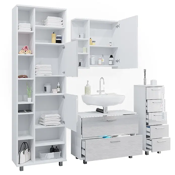 Vicco Badmöbel-Set Ilias Weiß Hochglanz 4 Teile, mit Hochschrank - Gesamtbreite Badmöbel: 170,2 cm, Weiß Hochglanz, Glänzend - Weißes Badmöbelset mit Hochschrank, Wandschrank, Waschtischunterschrank und Kommode für viel Stauraum.