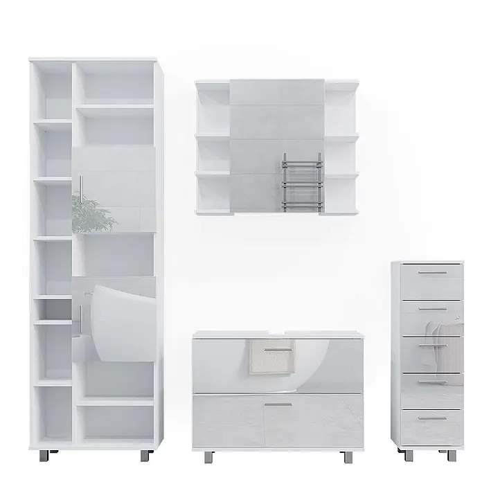 Vicco Badmöbel-Set Ilias Weiß Hochglanz 4 Teile, mit Hochschrank - Gesamtbreite Badmöbel: 170,2 cm, Weiß Hochglanz, Glänzend - Modernes Badezimmermöbel-Set in Weiß und Grau mit hohem Regal, Wandschrank, Waschtischunterschrank und hohem Schubladenschrank.