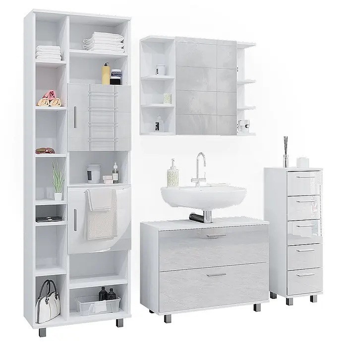 Vicco Badmöbel-Set Ilias Weiß Hochglanz 4 Teile, mit Hochschrank - Gesamtbreite Badmöbel: 170,2 cm, Weiß Hochglanz, Glänzend - Weißes Hochglanz-Badezimmermöbel-Set mit Hochschrank, Spiegelschrank, Waschbeckenunterschrank und Kommode.