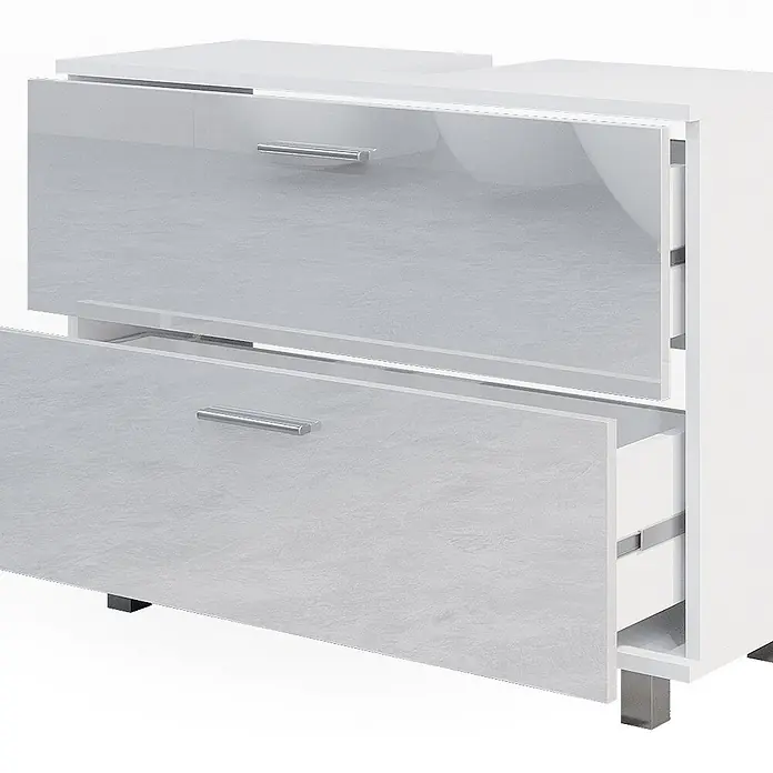 Vicco Badmöbel-Set Ilias Weiß Hochglanz 4 Teile, mit Hochschrank - Gesamtbreite Badmöbel: 170,2 cm, Weiß Hochglanz, Glänzend - Weiße Kommode mit zwei grauen, texturierten Schubladen, eine teilweise geöffnet, mit Metallgriffen.