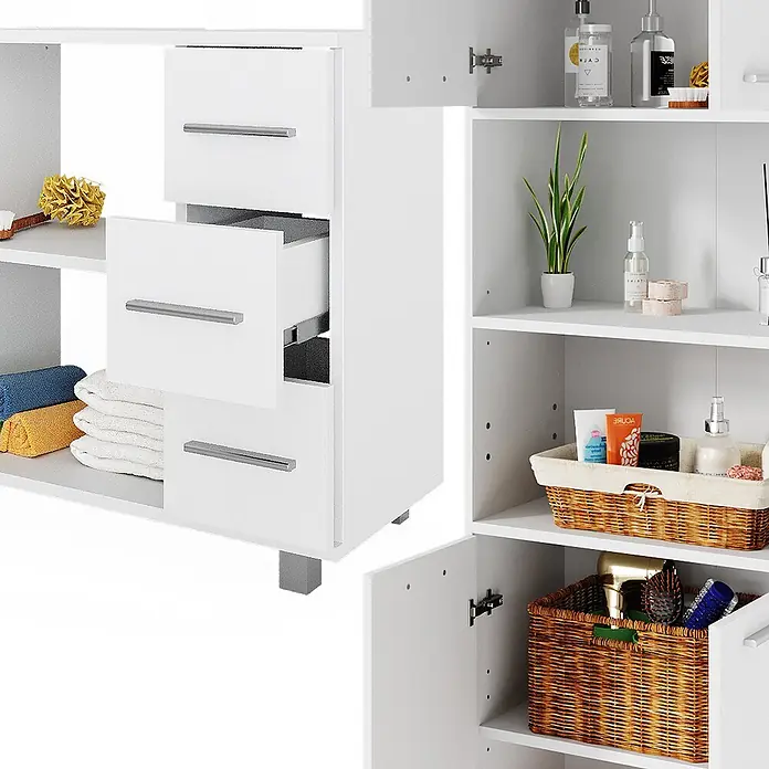 Vicco Badmöbel-Set Maris Weiß 2 Teile, mit Hochschrank und Waschbeckenunterschrank - Gesamtbreite Badmöbel: 116,1 cm, Weiß, Matt - Weißes Badregal mit mehreren Ablagen und Schubladen, eine Schublade offen, mit Handtüchern und Toilettenartikeln.