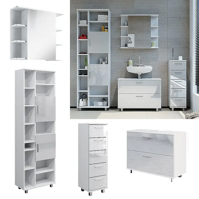 Vicco Badmöbel-Set Ilias Weiß Hochglanz 4 Teile, mit Hochschrank - Gesamtbreite Badmöbel: 170,2 cm, Weiß Hochglanz, Glänzend - Hochglanz-Badezimmermöbel-Set in Weiß, inklusive Spiegelschrank, Hochschrank, Waschtischunterschrank und Kommode.