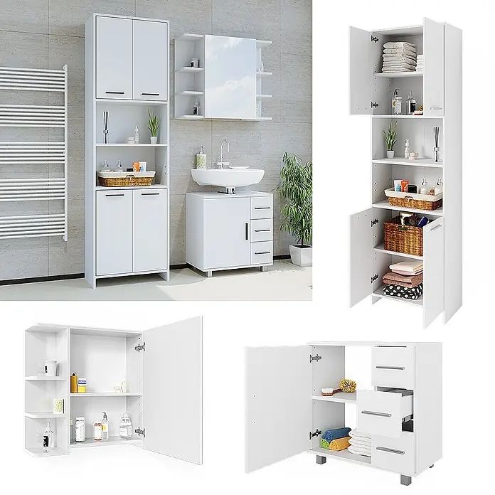Vicco Badmöbel-Set Maris Weiß Hochschrank, Bad Spiegelschrank und Waschbeckenunterschrank - Weiß, Matt - Weißes Badmöbelset: hoher Schrank, Waschtischunterschrank mit Schubladen und Spiegelschrank.