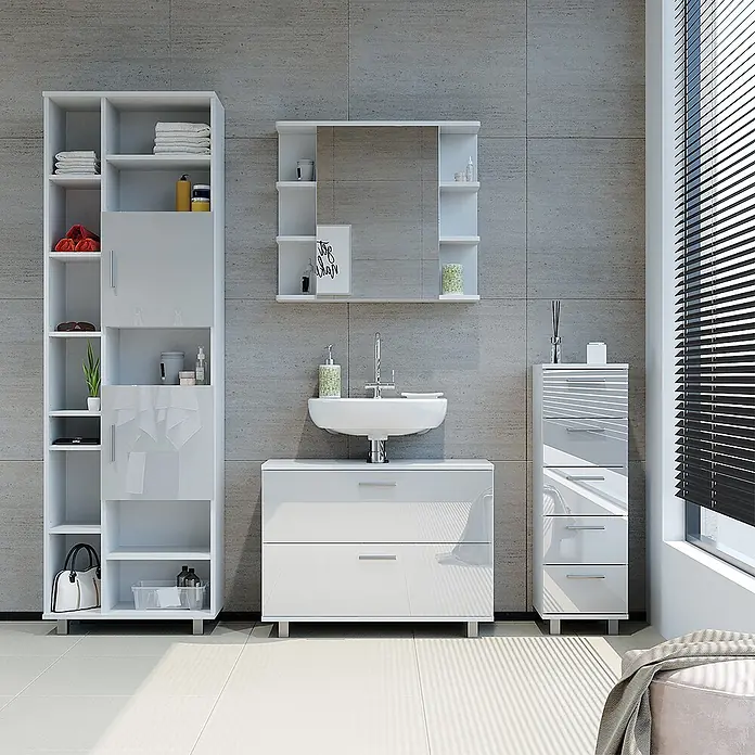 Vicco Badmöbel-Set Ilias Weiß Hochglanz 4 Teile, mit Hochschrank - Gesamtbreite Badmöbel: 170,2 cm, Weiß Hochglanz, Glänzend - Modernes weißglänzendes Badmöbelset mit Hochschrank, Waschtisch mit Waschbecken, Spiegelschrank und Schubladenschrank.