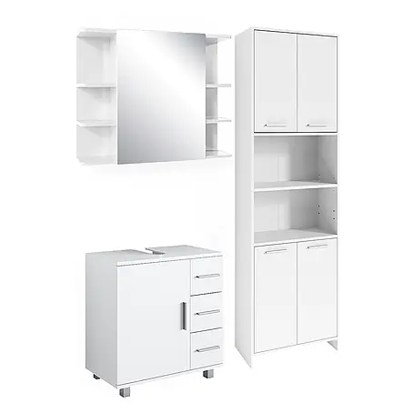 Vicco  Badmöbel-Set Maris Weiß Hochschrank, Bad Spiegelschrank und Waschbeckenunterschrank