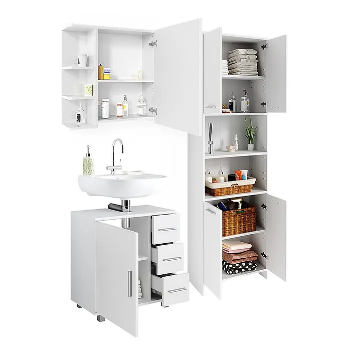 Vicco Badmöbel-Set Maris Weiß Hochschrank, Bad Spiegelschrank und Waschbeckenunterschrank - Weiß, Matt - Weißes Badezimmermöbel-Set mit Wandschrank, hohem Stauraumschrank und Waschbeckenunterschrank mit Schubladen und Tür.