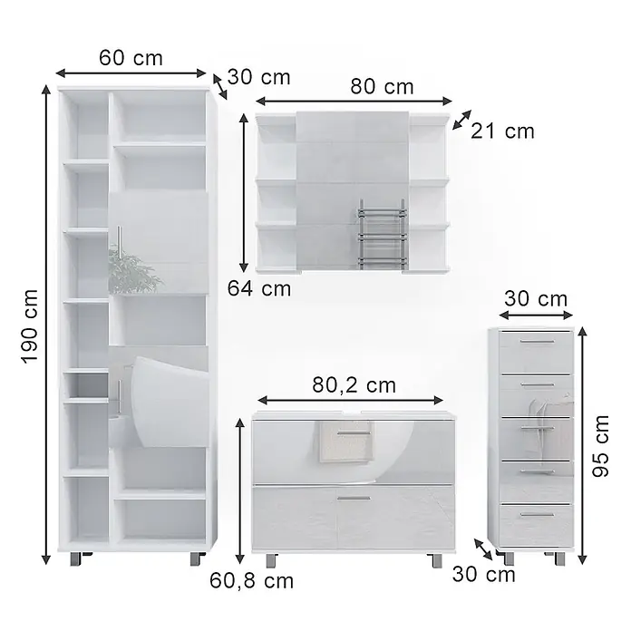 Vicco Badmöbel-Set Ilias Weiß Hochglanz 4 Teile, mit Hochschrank - Gesamtbreite Badmöbel: 170,2 cm, Weiß Hochglanz, Glänzend - Modulare weiß-hellgraue Badmöbelgarnitur mit Schränken und Waschtisch, inklusive Maßen.