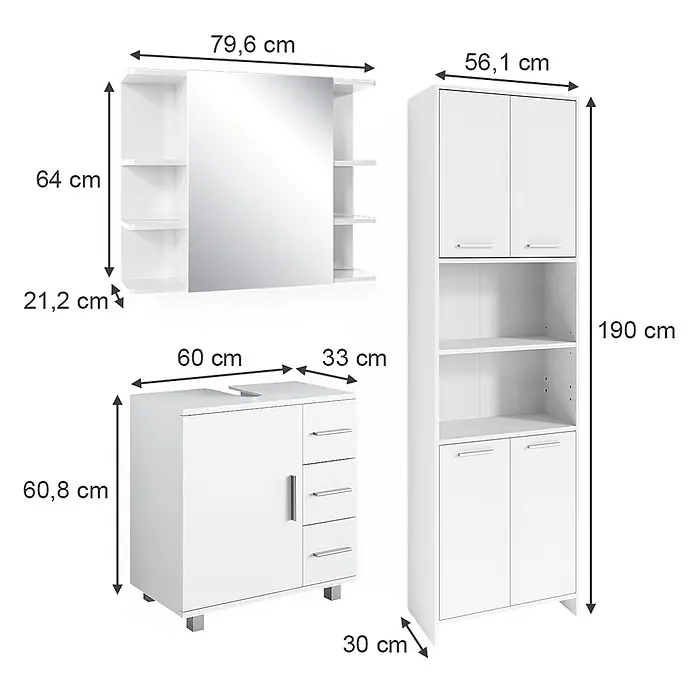 Vicco Badmöbel-Set Maris Weiß Hochschrank, Bad Spiegelschrank und Waschbeckenunterschrank - Weiß, Matt - Weißes Badmöbelset: Spiegelschrank, Waschtischunterschrank mit Siphonausschnitt und Hochschrank.