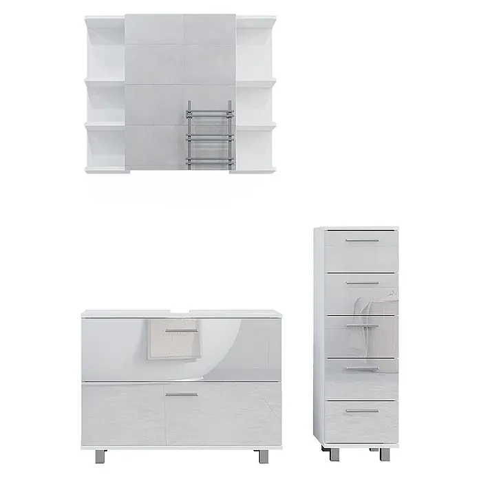 Vicco Badmöbel-Set Ilias Weiß Hochglanz 3 Teile, mit Unterschrank 80 cm - Gesamtbreite Badmöbel: 110,2 cm, Weiß Hochglanz, Glänzend - Weiß-graues Badmöbelset: Wandeinheit mit Handtuchhalter, Waschtischunterschrank und hoher Kommode.