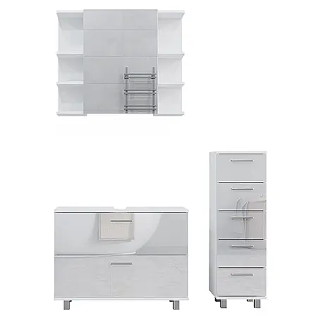 Vicco  Badmöbel-Set Ilias Weiß Hochglanz 3 Teile, mit Unterschrank 80 cm