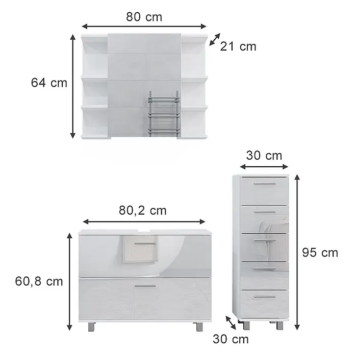 Vicco Badmöbel-Set Ilias Weiß Hochglanz 3 Teile, mit Unterschrank 80 cm - Gesamtbreite Badmöbel: 110,2 cm, Weiß Hochglanz, Glänzend - Set aus weiß-grauen Badmöbeln: Wandregal, Waschtischunterschrank und hoher Schubladenschrank, mit Maßen.